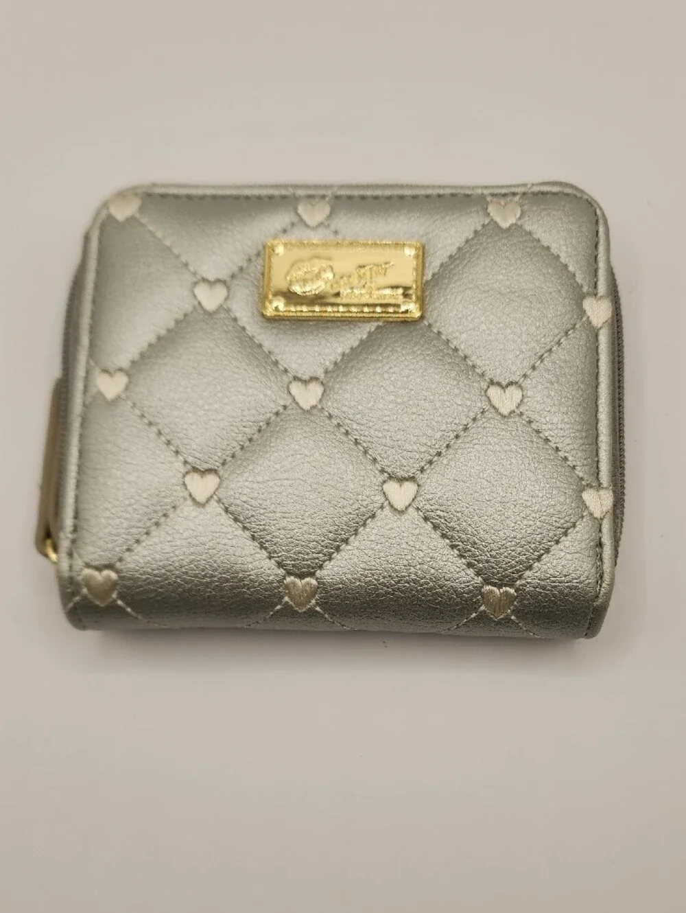 Betsy Johnson Metallic Silver Quilted Heart Zip Wallet